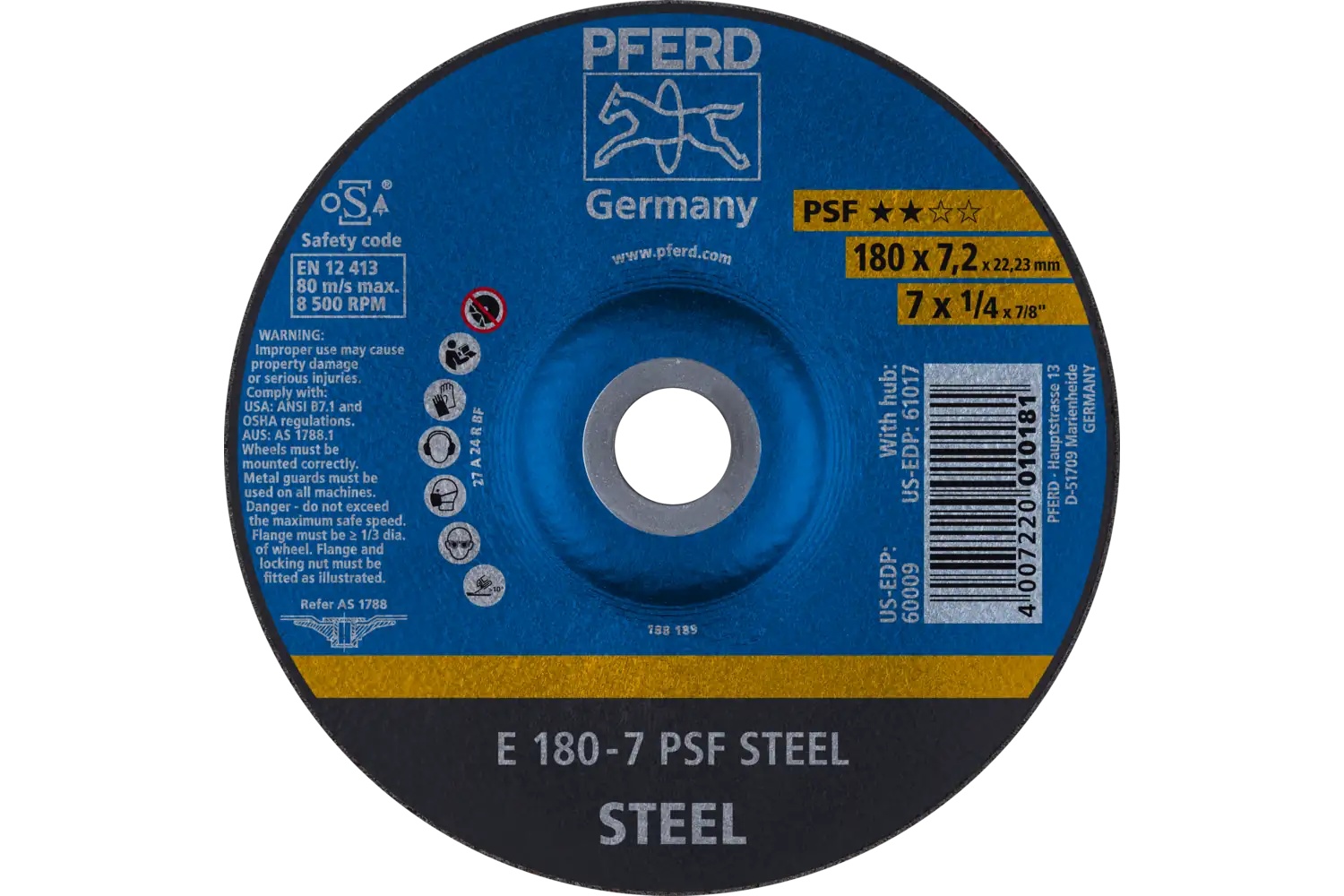 Picture of Pferd Grinding Wheel, 7" X 1/4 X 7/8, Psf Steel, T27, Aluminum Oxide